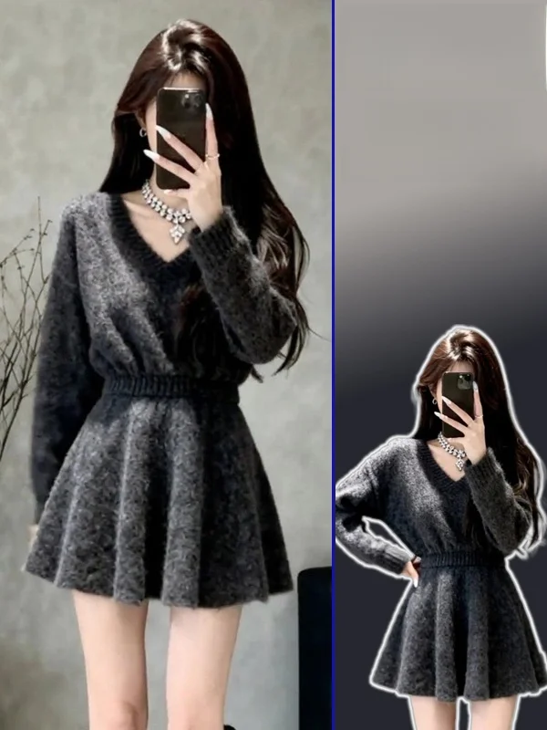 

plus Size Women's V-Ne Knitted Sweater Waist-Cinched ort Sve Long Sve High Waist Skirt Faion Set Winter Casual
