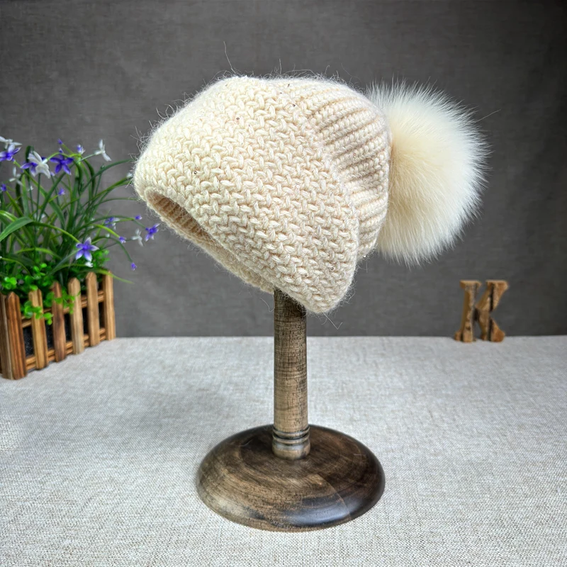 2024 High end big head circumference, small face, rabbit hair sequin knitted hat fox fur ball warm and loose stacking hat