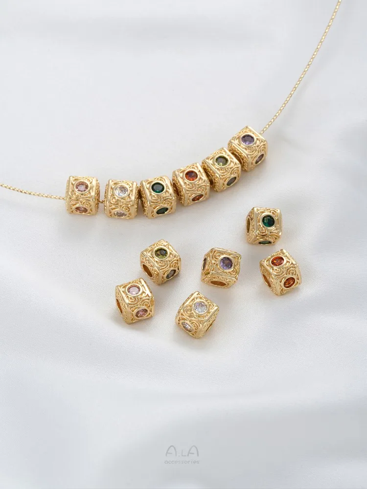 14K Gold-clad Retro Pattern Surrounded By Colorful Zirconium Square Beads Diy Handmade Beaded Jewelry Accessories K005