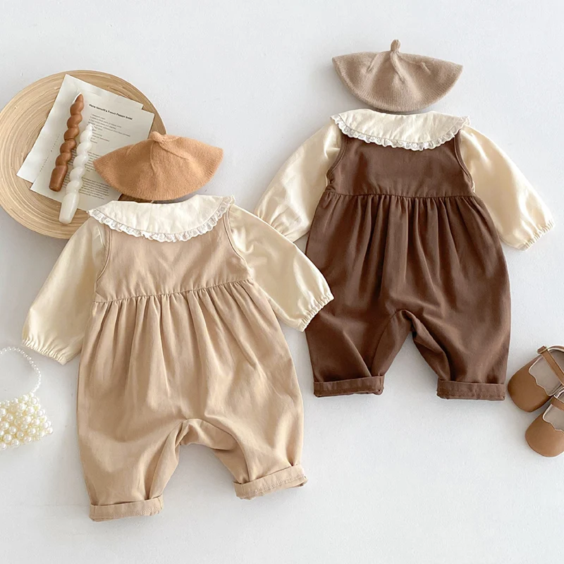 2024 New Autumn Newborn Baby Girls Clothing Set Long Sleeved Cotton Cardigan Shirt+Sleeveless Jumpsuit Infant Baby Clothes Suit