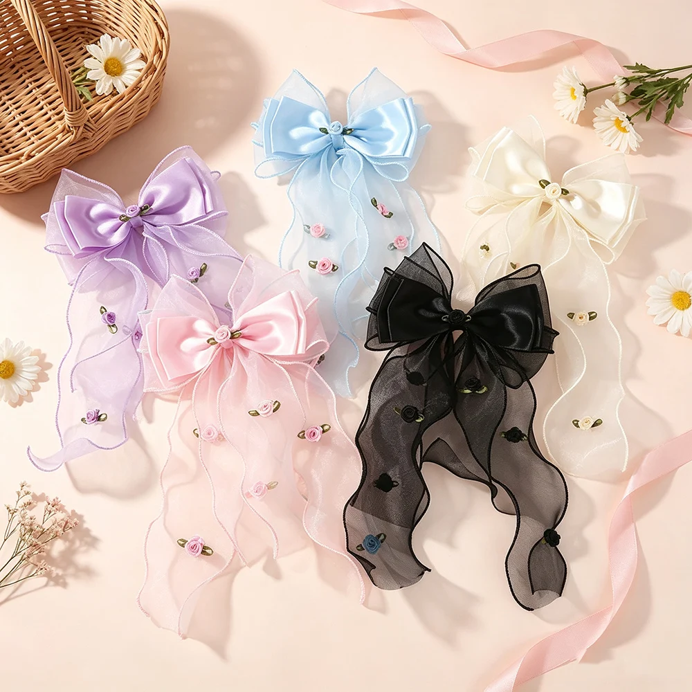 Elegant Mesh Tulle Big Bow Hairpin with Small Rose Embroidery Long Floating Ribbon Hair Clip for Girls Daily Photograph Styling
