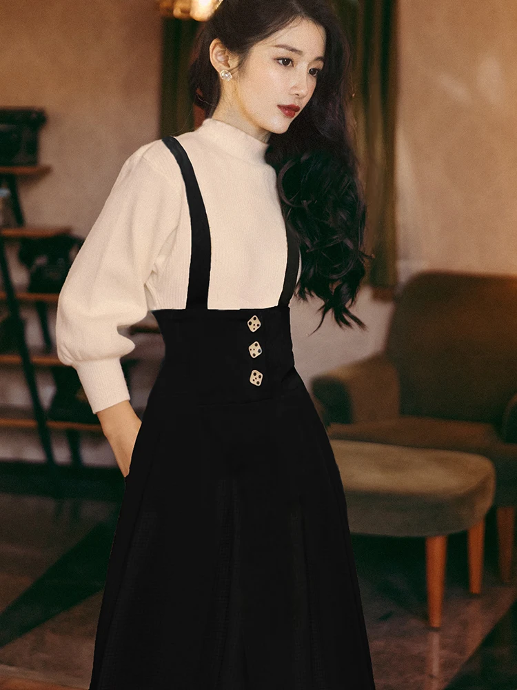 Sweet Fashion Two Piece Skirt Set Women Autumn Winter White Sweater and Long Black Skirt Outfits