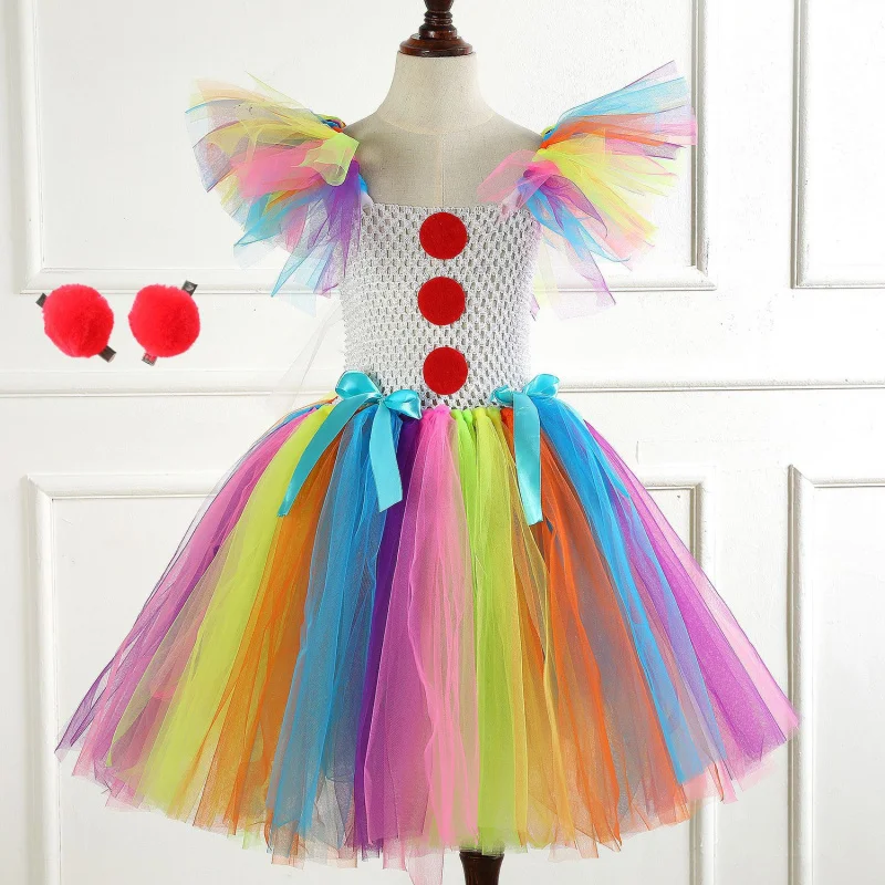 New2025Party Clown Performance Children's Costume Set Mesh Princess DressTUTUGirls' Dress