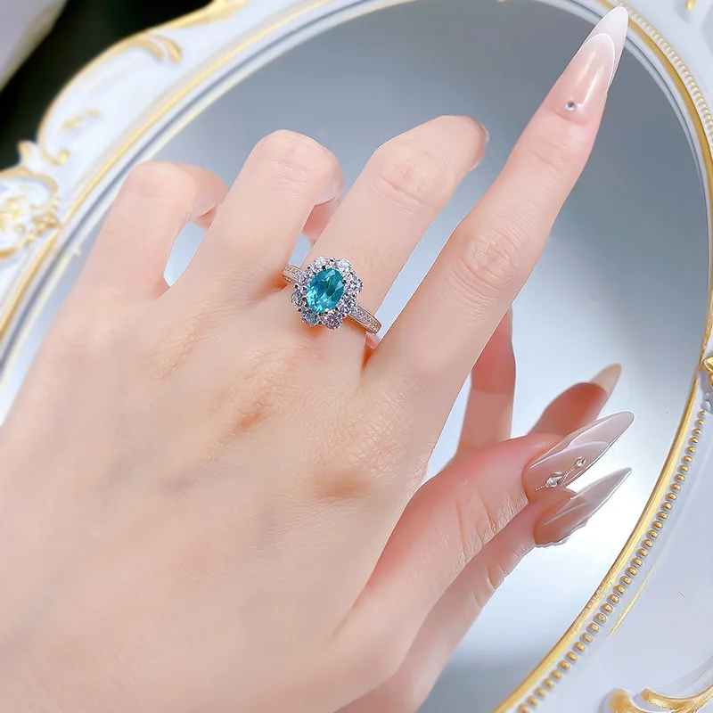 Xiaoyan S925 silver surround with 6 * 8mm Paraiba oval ring, versatile daily gemstone wedding ring, high-end jewelry