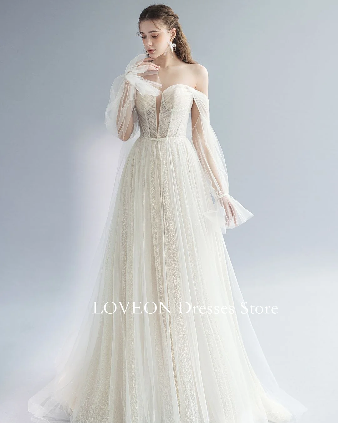 

GIOIO Off the Shoulder Korea Long Sleeve Wedding Dresses Corset 프롬드레스 A-Line Tulle Ruched Simple Bride Gowns Party Women Bride