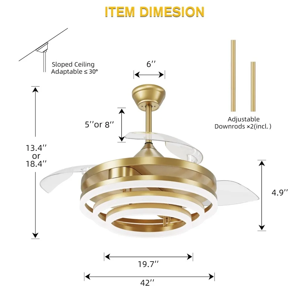 Ventilateur de Plafond Rétractable de 42 Pouces, Lustre de Plafond avec Lumières, Moteur à Courant Continu Silencieux, 6 Vitesses, 3 Documents Proxy pour Chambre à Coucher