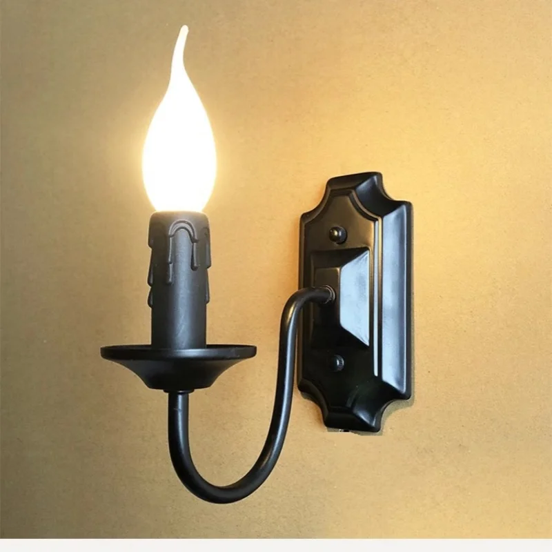 Antique LED Candle Wall Lamp indoor loft industrial black Iron Wall Lighting fixture Aisle Walkway Balcony Bar deco Wall sconces
