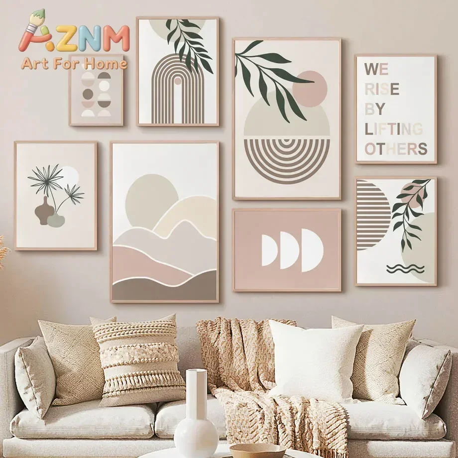 AZNM Boho Abstract Geometric Canvas Wall Art Mountain Leaf Rainbow Motivational Quote Print Poster for Living Room Bedroom Home