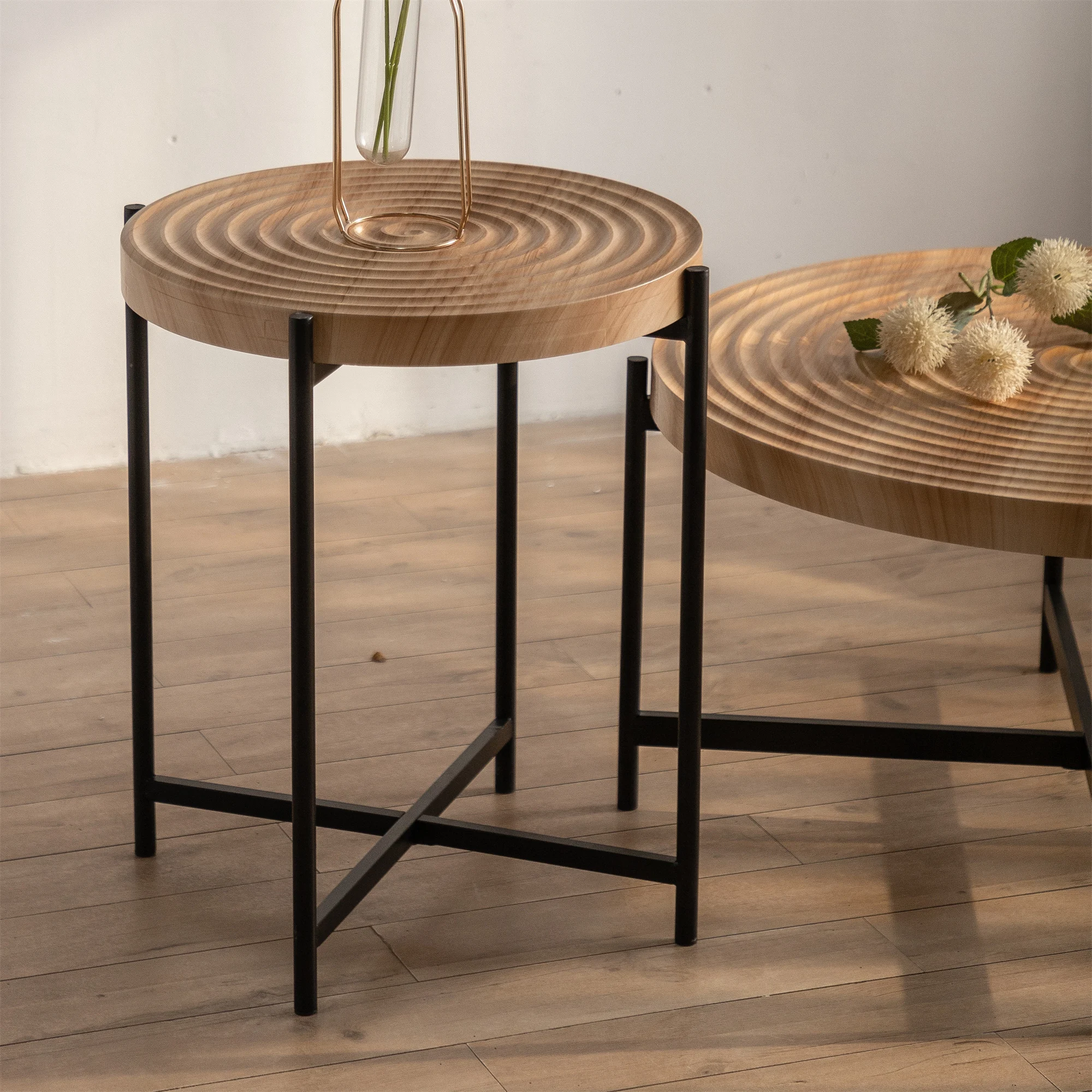 [Vente flash] 33 " / 20" Moderne Fil Design Table Basse Ronde Côté NW Dessus de Table avec Pieds Croisés Base En Métal [US-W]