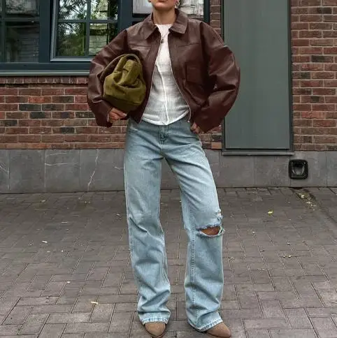 Women's 2025 New Product Spring and Autumn Coat Pilot Jacket Retro Money Style Leather Jacket