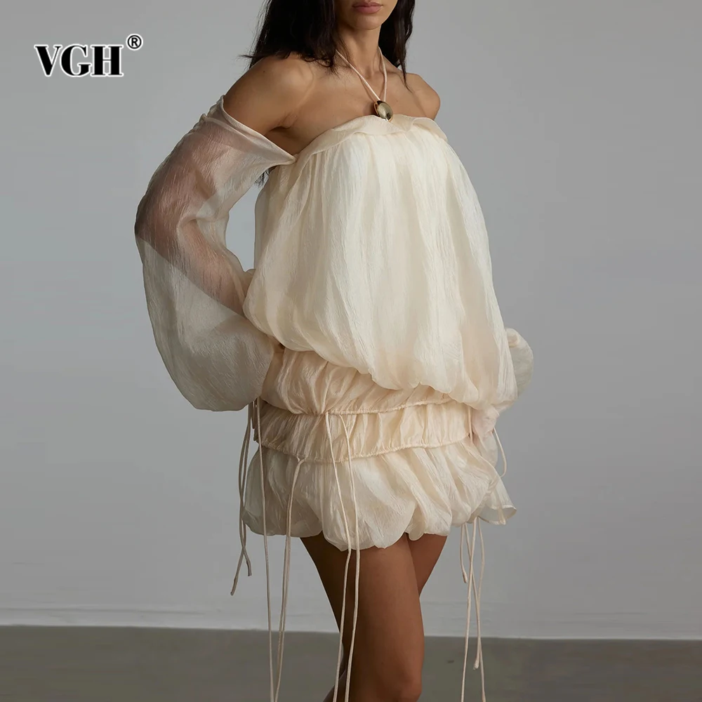 

VGH Temperament Loose Folds Mini Solid Dresses For Women Strapless Long Sleeve High Waist Designer Dress Female Fashion Style