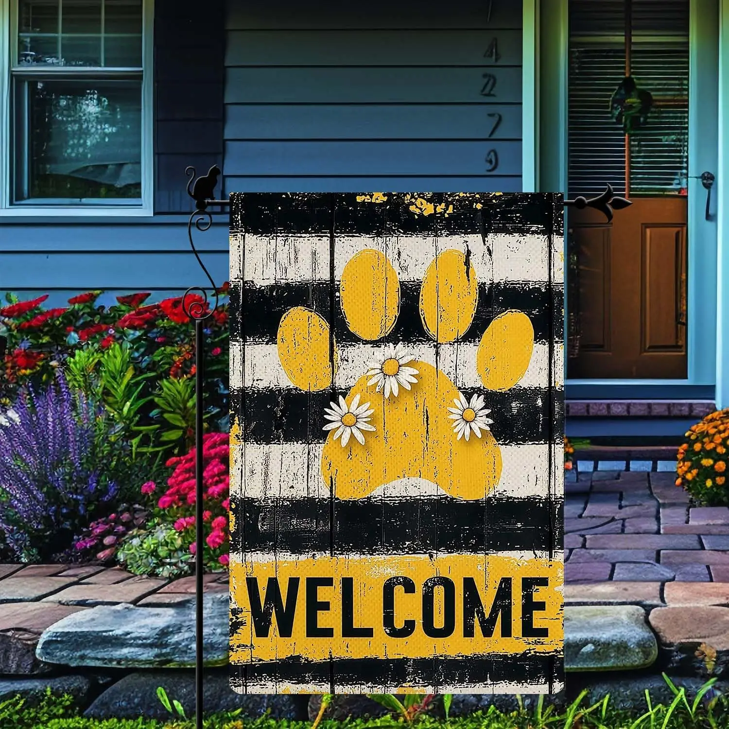 Whimsical Yellow and White Paw Print Garden Flag with Daisies and Welcome Sign Vertical Double Sided Seasonal Yard Lawn Outd SSL
