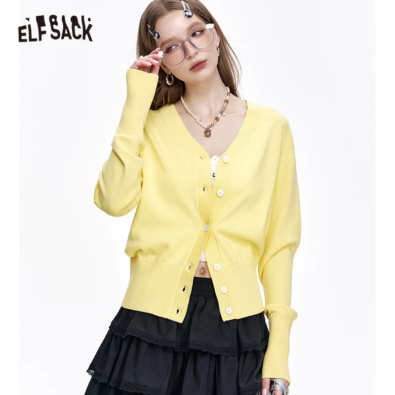 

ELFSACK 2025 Spring New Arrivals Y2K Letter Beads V-neck Knitted Cardigan Women's Versatile Slim Thin Sweater