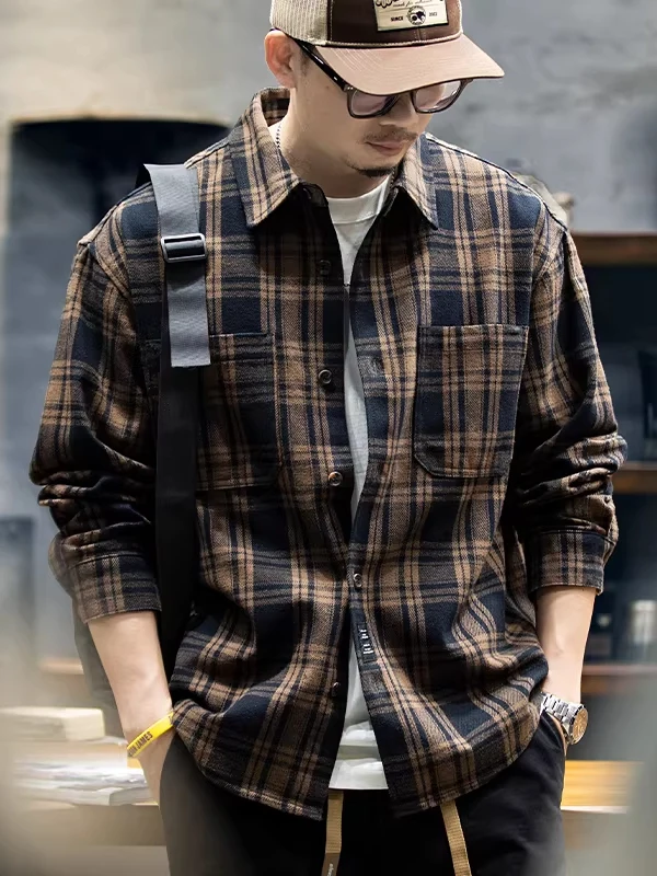 

Large Size Pure Cotton Plaid Long Sve Casual irt Men's Spring Autumn American Retro Workwear Trendy Cheered Jaet