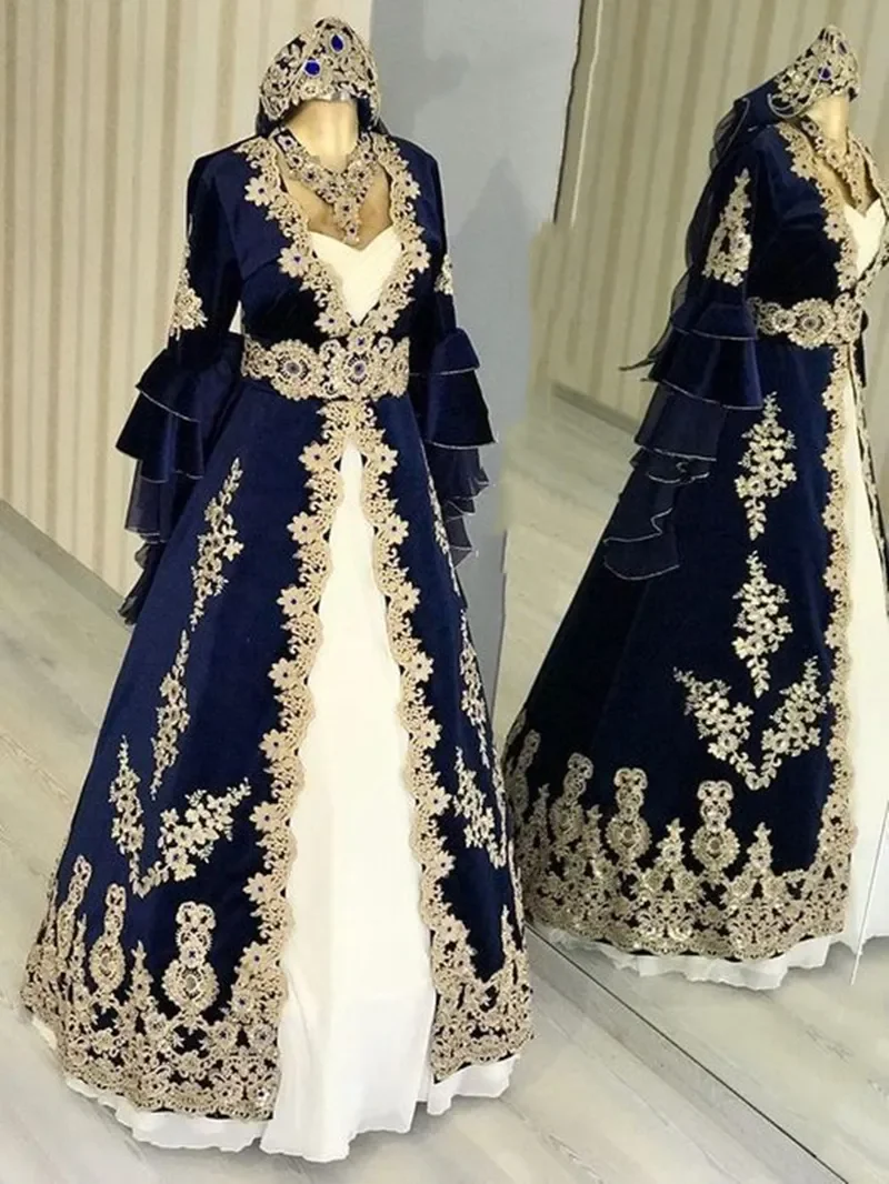 Navy Blue Traditional Turkish Prom Formal Dresses Outfit Luxury Lace Applique Arabic Caftan Morocca Muslim Evening Gowns 2024