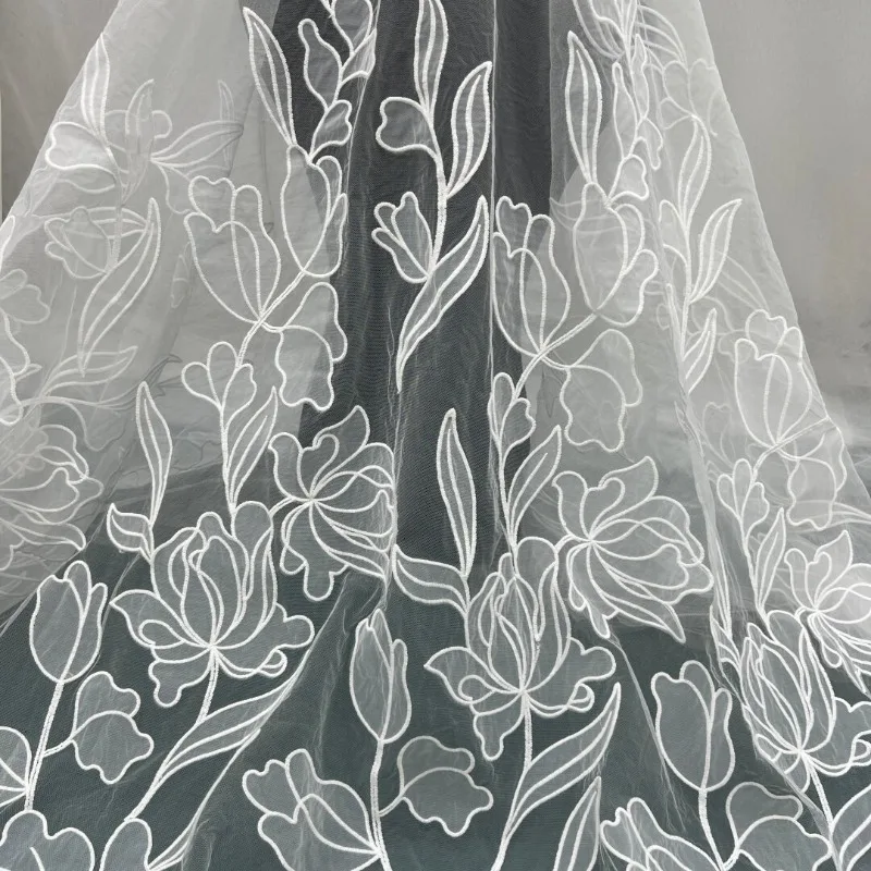 High-Quality Lace and Mesh Fabric with Organza Laser Cut Flower for Wedding Dress and Evening Gown Elegant Bridal Lace Fabric