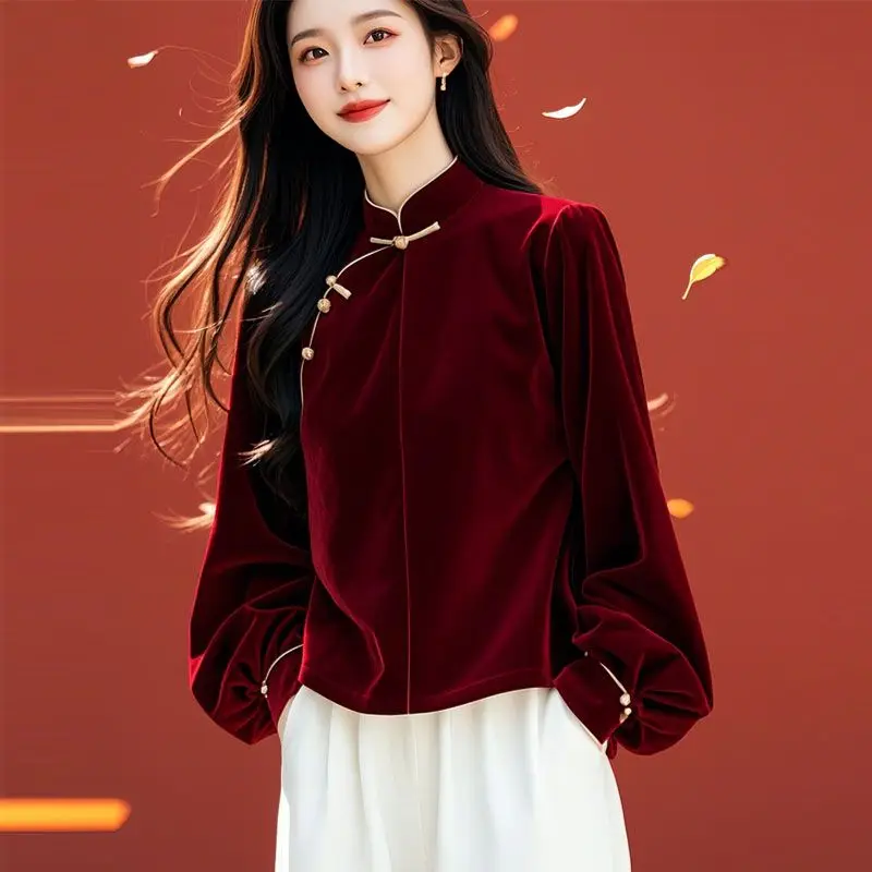 Fashionable New Chinese Style Burgundy Gold Velvet Button-down Shirt for Women Autumn and Winter 2025 Retro Pullover TT662