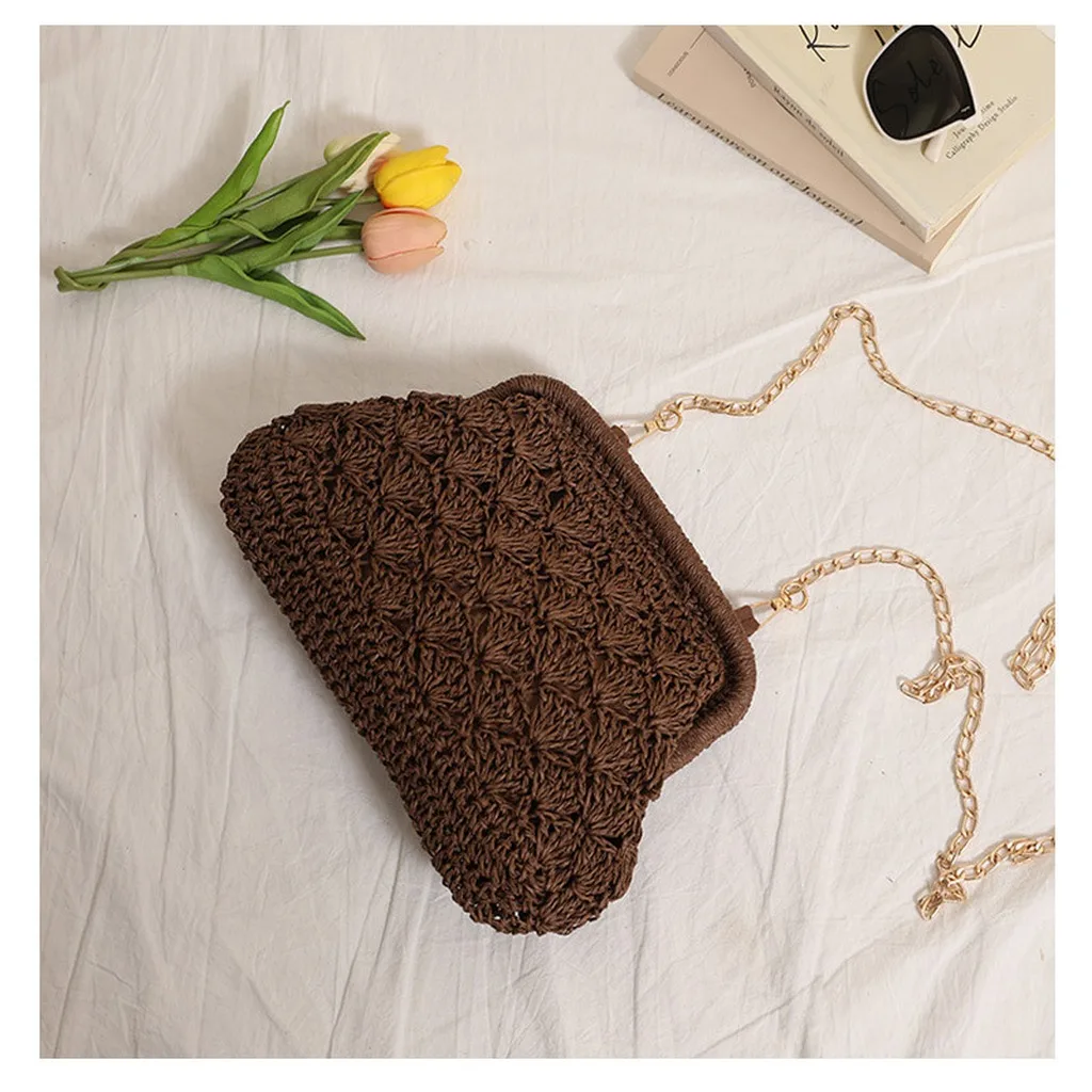 Women'S Woven Straw Crossbody Bag Hollow-Out Solid Color Shoulder Bag Fashion Minimalist Beach Travel Handbag for Outing Summer