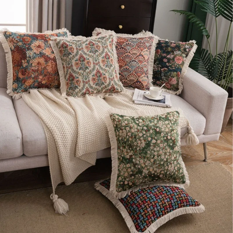 New Bohemian Style Jacquard Fringed Sofa Pillowcase Contrasting Color Thick Throw Pillow Cover for Living Room Decoration