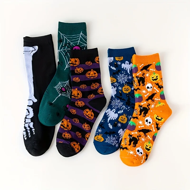 5 Pairs Halloween Casual Women Socks Creative Cosplay Hip Hop Novelty Harajuku Bone Spider Web Male Skateboard Couple Long Socks