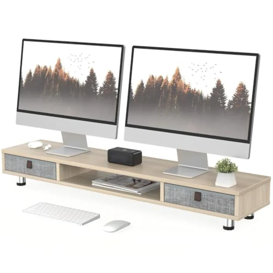 Dual Monitor Stand, 2-Tier Desk Organizer with Drawers, 42.5in