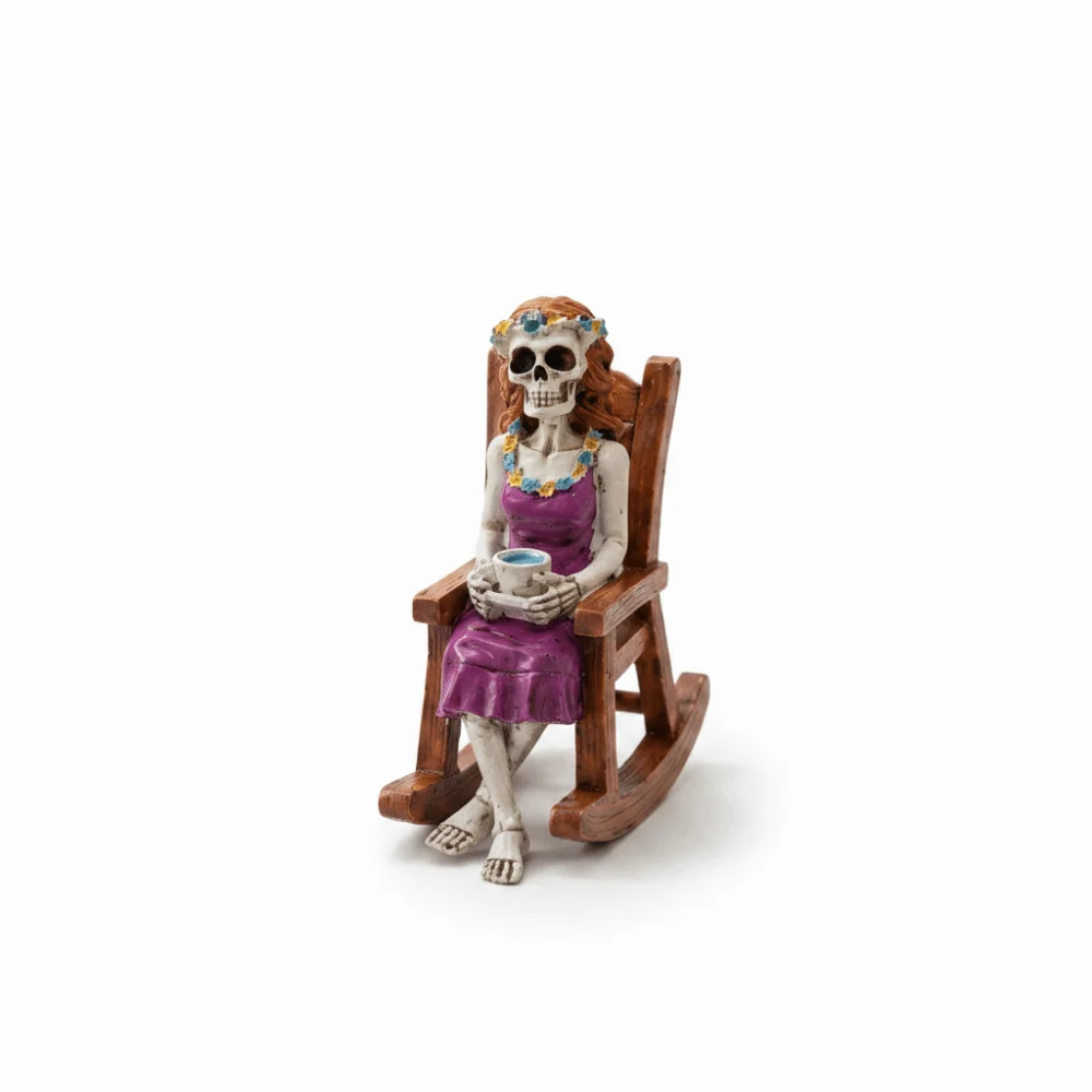 Hand Painted Skeleton Figurine Lightweight 3D Design Skull Rocking Chair Eco-Friendly Compact Size Halloween Desk Decor