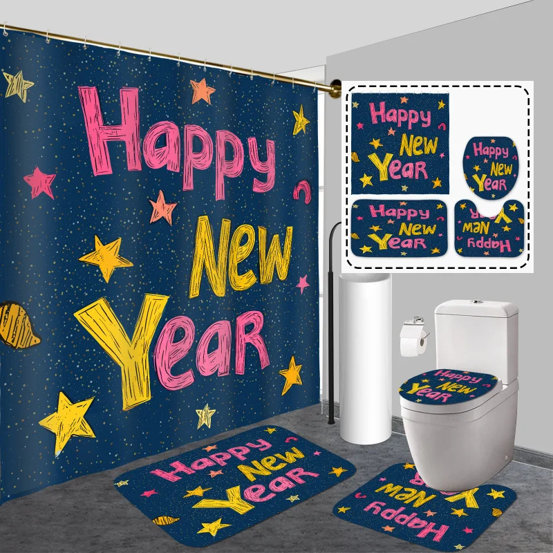 Happy New Year 4pcs Shower Curtain Set with Hooks - Waterproof, Non-Slip Bathroom Rug, U-Shape Toilet Mat & Lid Cover Pad - Vibr