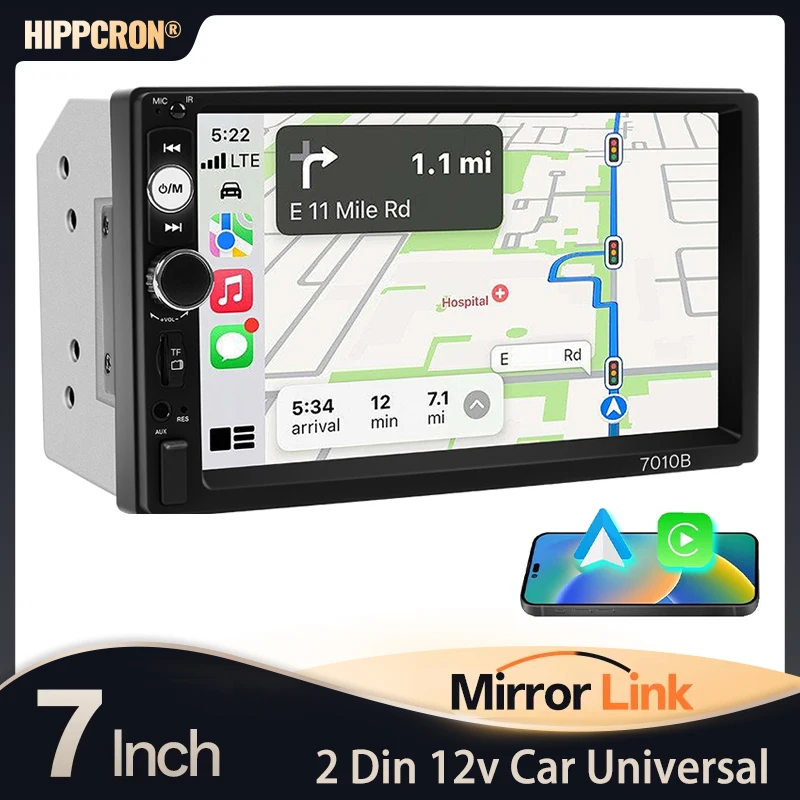 

Hippcron 2din Car Radio Multimedia MP5 Stereo Player Carplay Android Auto 7" Touch Screen USB AUX Input BT Support Camera