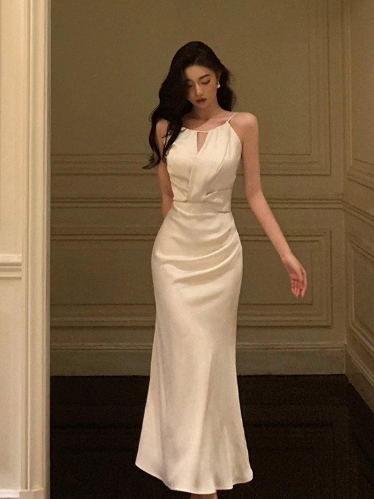

Summer Women Elegant Beige Satin Bodycon Spaghetti Strap Dresses New Fashion Sexy Sleeveless Long Dress Evening Party Prom Gown