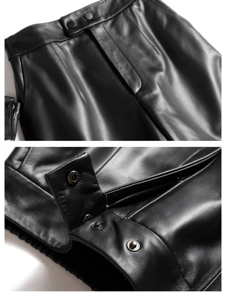 Women Leather Pants 2023 Spring Female Thin Casual Straight Lambskin Bermuda Shorts Mujer Minimalistic Suit Trousers Streetweer