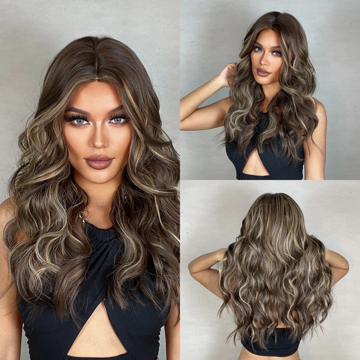 

Long Wave Hair Wigs with Bangs for Women Brown Mix Highlights Blonde