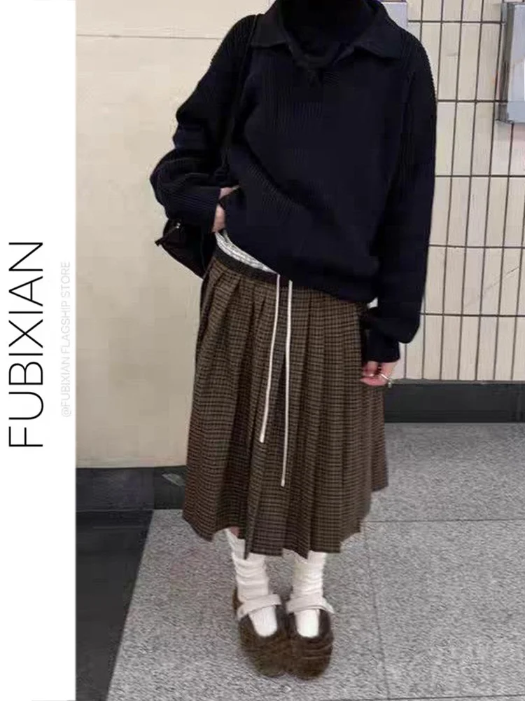 

Классическая модная клетчатая юбка А-силуэта миди для женщин, осенне-зимняя, плиссированная, с двойным поясом, длиной до колена