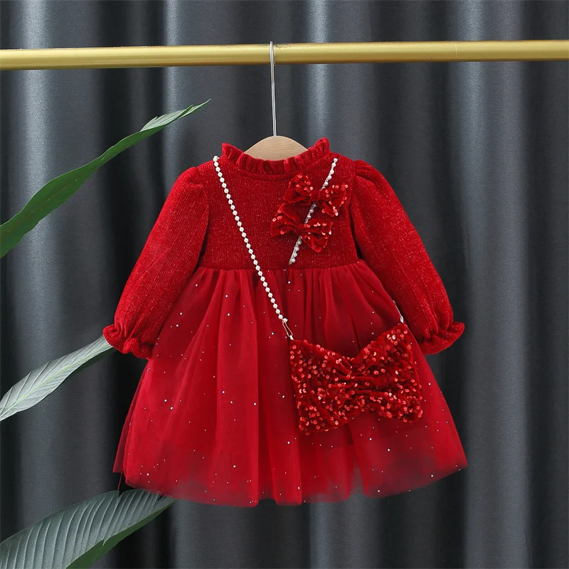 

Girls Evening Banquet Gown Gorgeous Red Sequin Bow Long Sleeved Gauze Dress Toddler Girl Princess Dress with Bag