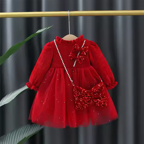 Girls Evening Banquet Gown Gorgeous Red Sequin Bow Long Sleeved Gauze Dress Toddler Girl Princess Dress with Bag