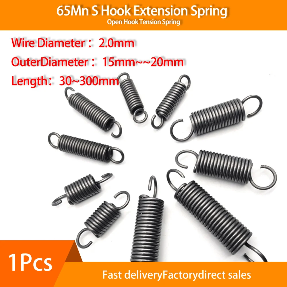 

1Pcs 65Mn Open Hook Tension Spring Diameter 2.0mm with O hook extension spring Outer Diameter 15mm 20mm Extension Spring