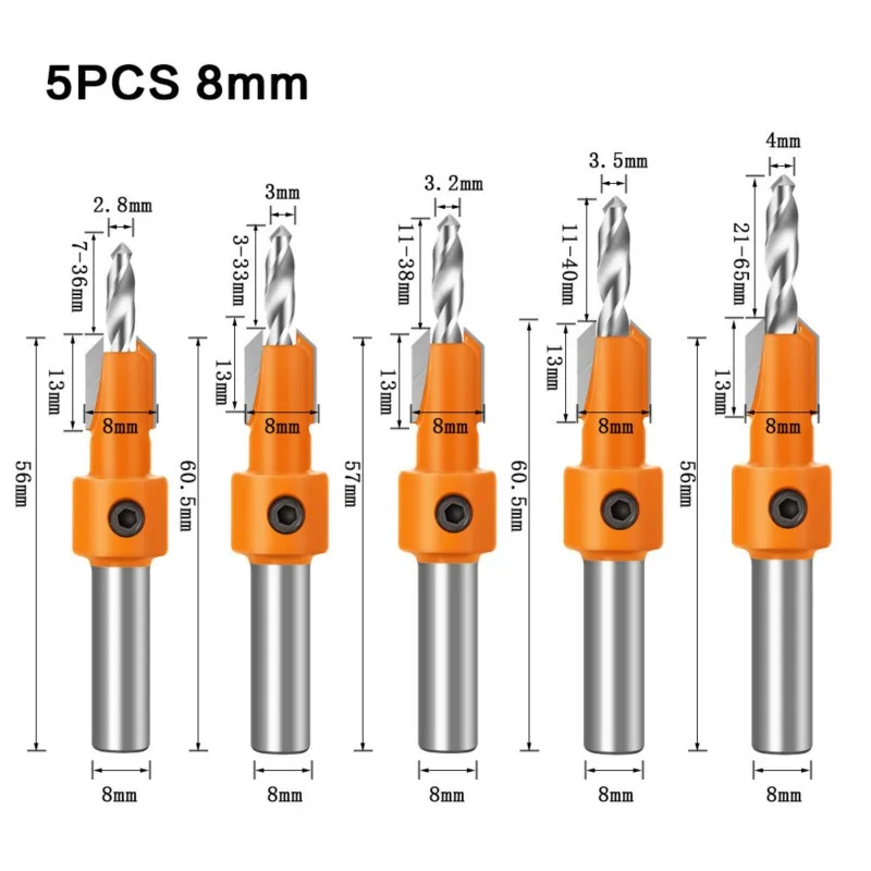 HSS Woodworking Countersink Router Bit Set, Extrator de Parafuso Remon, Demolição para fresa de madeira, 5pcs por conjunto