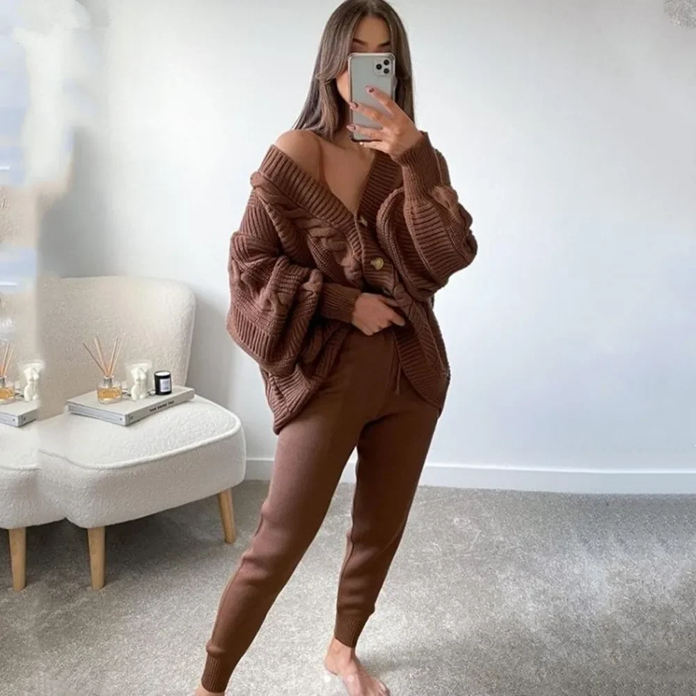 Kinitted Cardigan Pants Suits Women 2 Piece Sets Solid Spring Tracksuit Thick Warm Autumn Winter Clothing Joggers Matching Sets