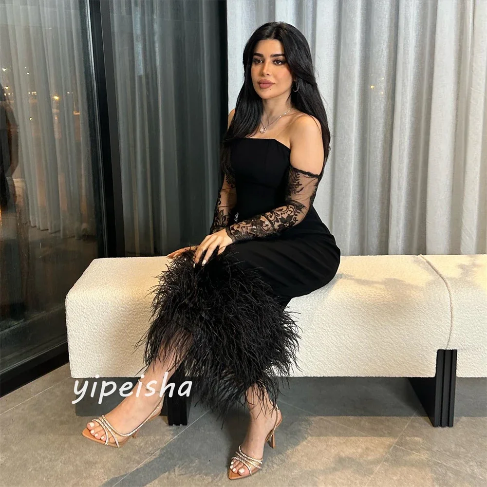 Customized  Prom Gown Jersey Feather Applique Ruched Celebrity A-line Off-the-shoulder Exquisite High Quality Occasion Dresses