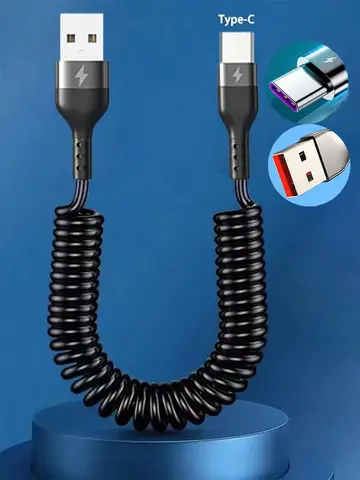 USB Type C 66W Car 5A Fast Charging Type C to Type C Spring Telescopic Cable For iPhone 15 Samsung Huawei Xiaomi Redmi OnePlus