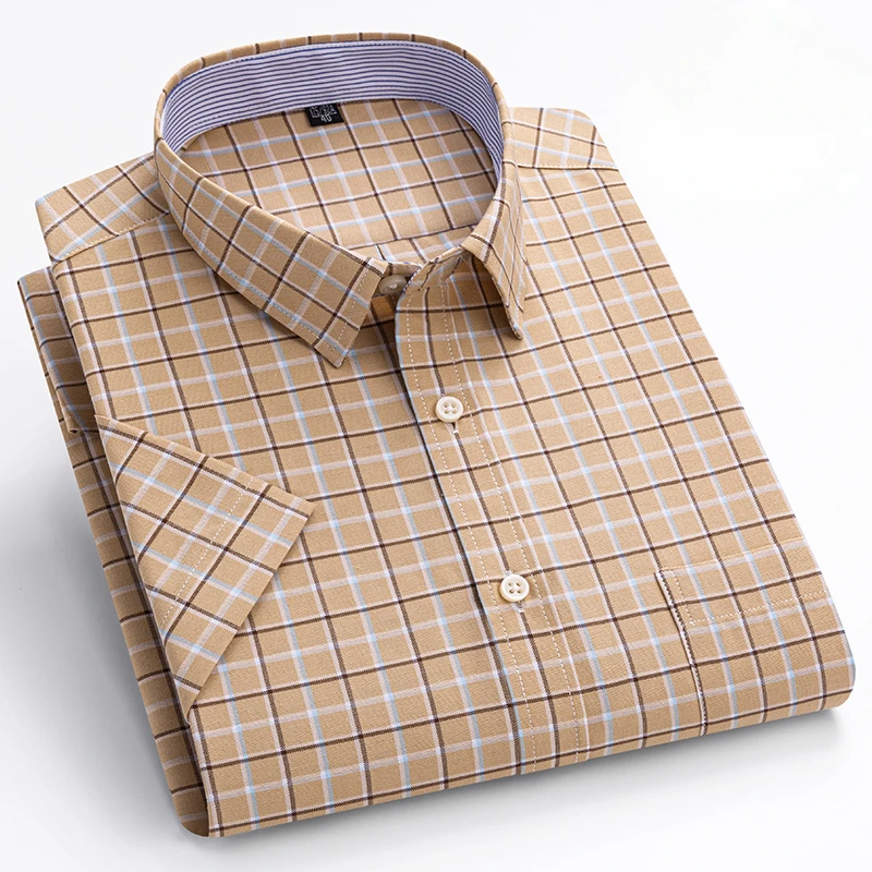 2024 New Men's 100% Cotton Short sleeved Shirt  Single Chest Pocket Work Casual Standard-fit Plaid Striped Oxford Shirts 100KG