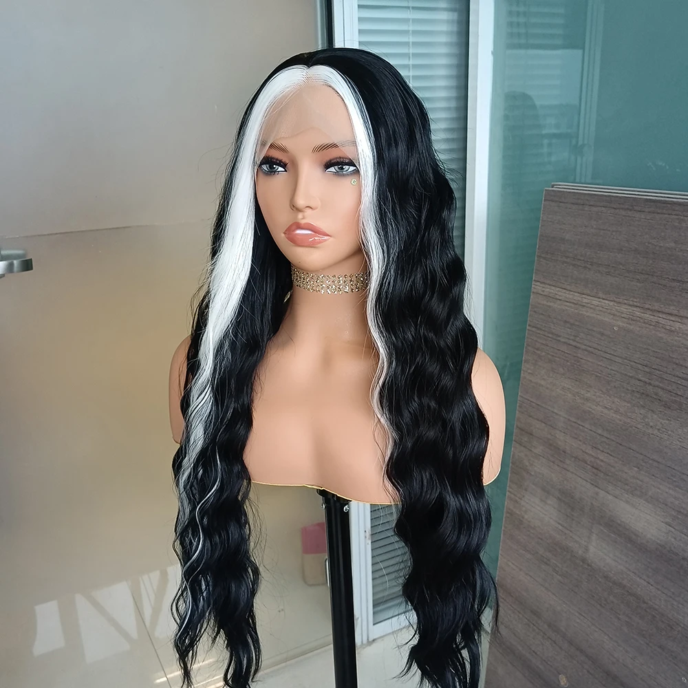 RONGDUOYI Highlights Black Wig Synthetic Long Body Wave Lace Front Wig for Women Natural Hairline Heat Resistant Hair Cosplay