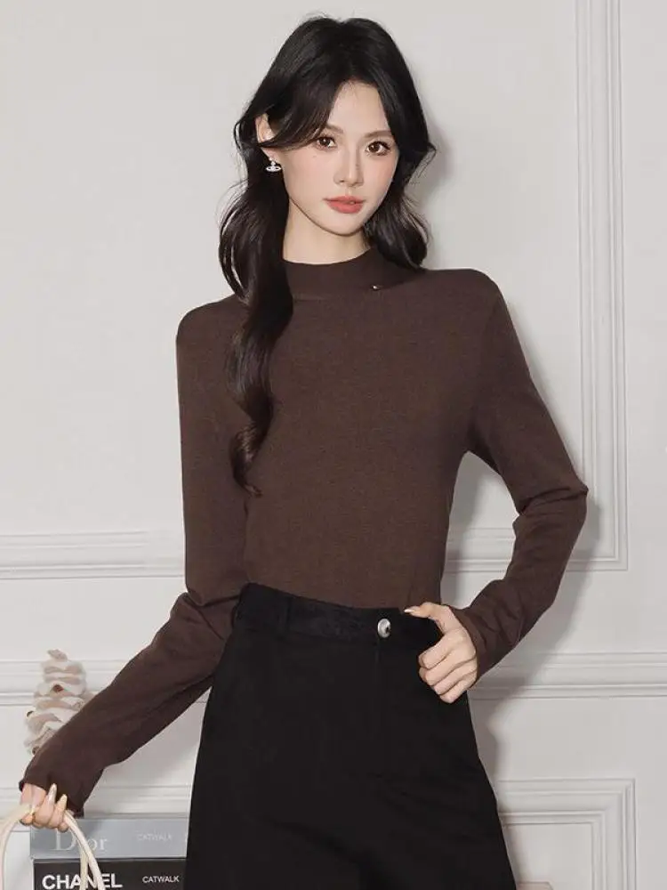 

Korean Autumn Winter Solid Half High Neck Long Sleeved Temperament Sweater Women Elegant Versatile Pullover Short Knitting Tops