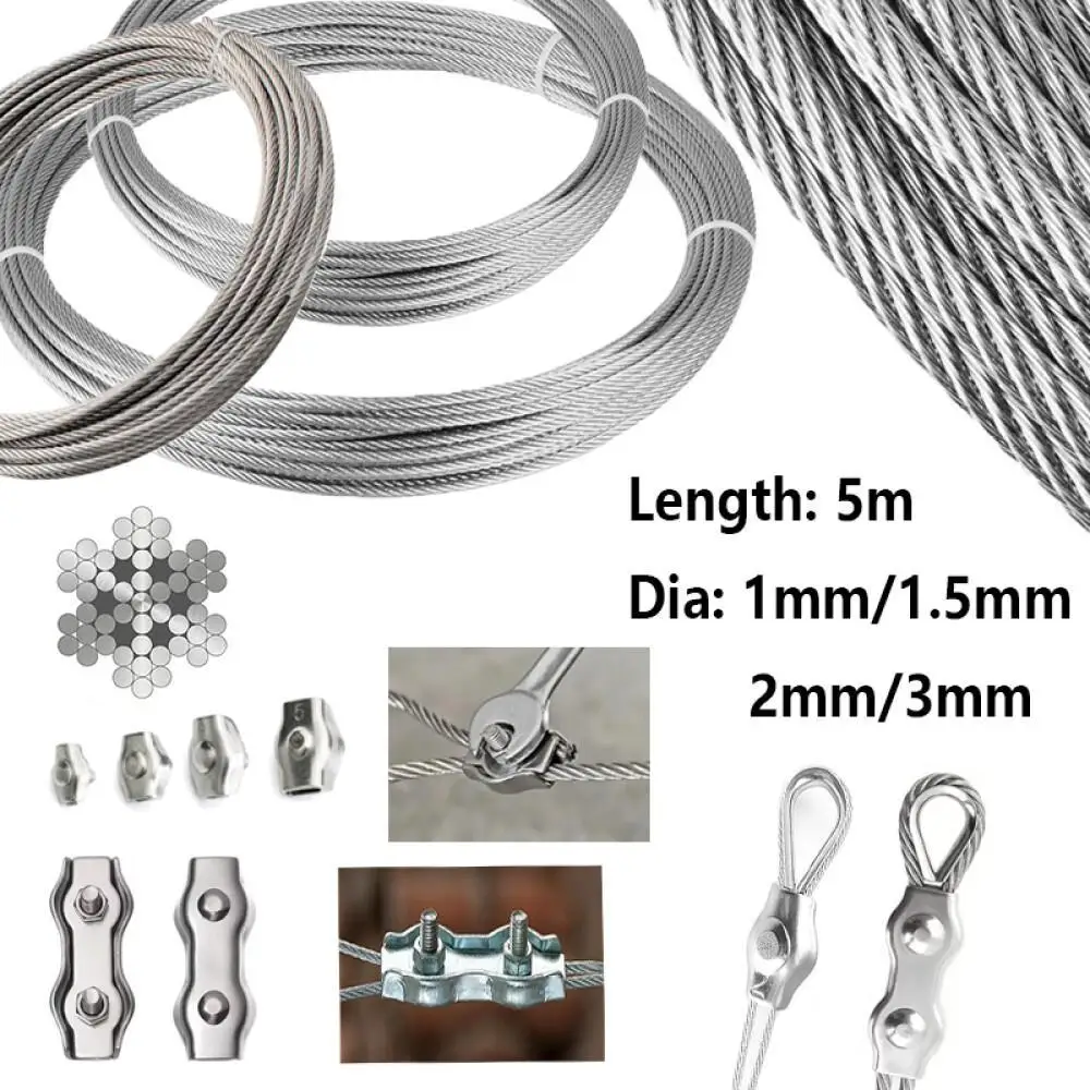 Stainlesss Steel 304 Aircraft Cable 1-3mm 7x7 Core with Buckles, Clip & Double Barrel Ferrules for Outdoor Clothesline Hanging