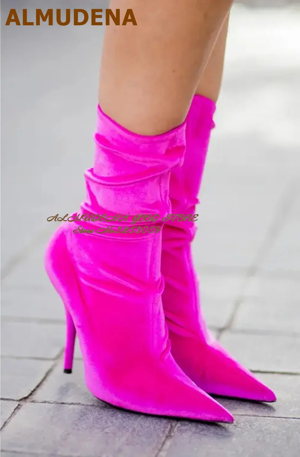 

ALMUDENA Hot Pink Velvet Ankle Boots Stiletto Heels Pointed Toe Booties Fantastic Women Dress Shoes Size46