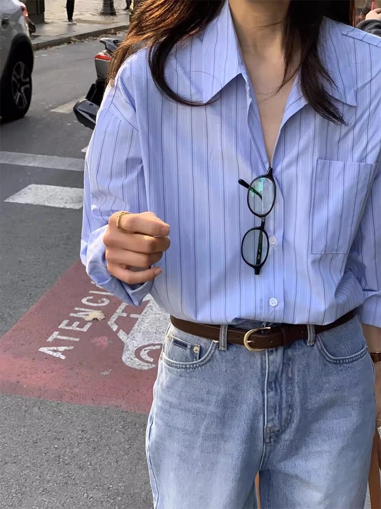 

Basic Striped irt Women's Early Autumn New Sle Retro Collar Single ket Faionable Korean Version Breathable Long Sve
