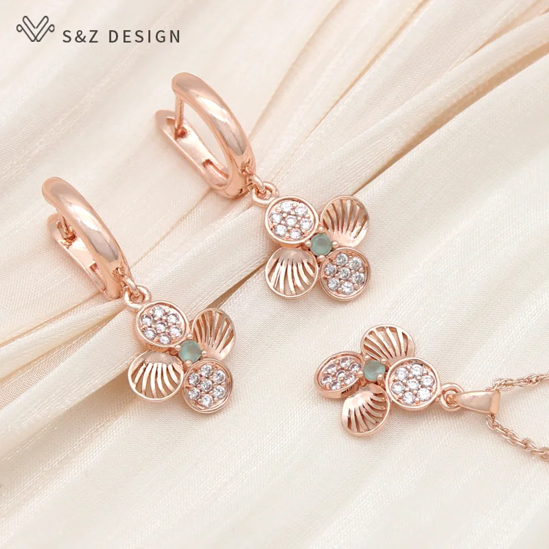 S&Z DESIGN New Fashion 585 Rose Gold Color Four-leaf Clover Drop Earrings Jewelry Sets For Women Zirconia Pendant Necklace