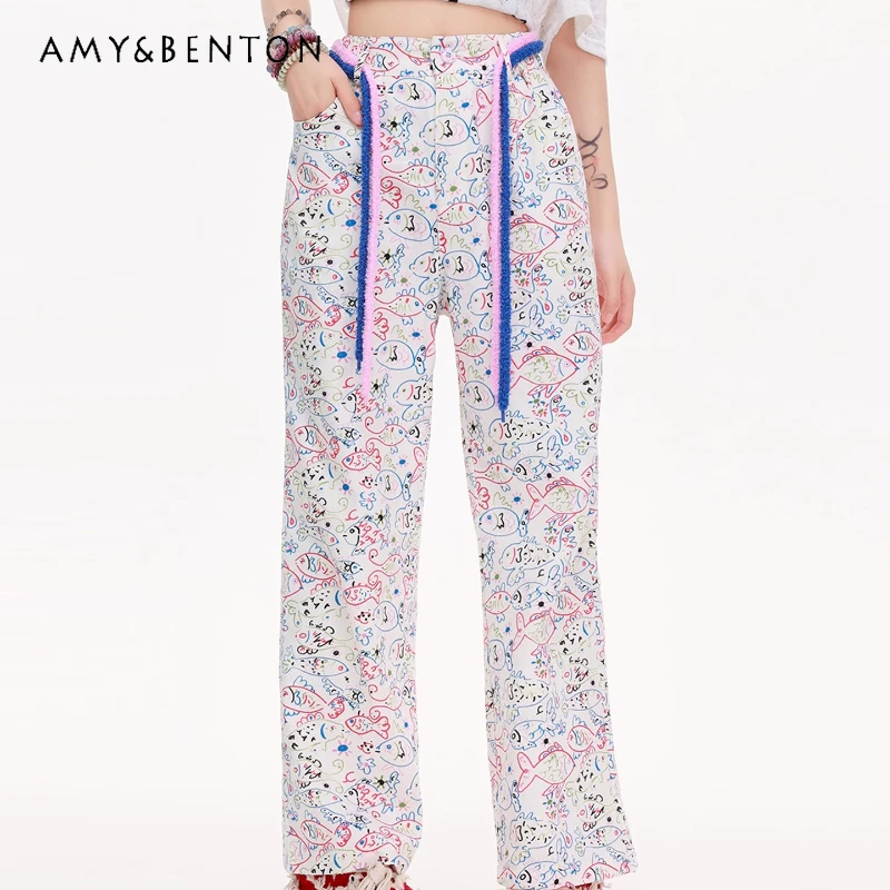 

American Little Fish Full Print Casual Women's Cuffed Pants Summer New High Waist Drawstring Hand-painted Graffiti Jeans ladies