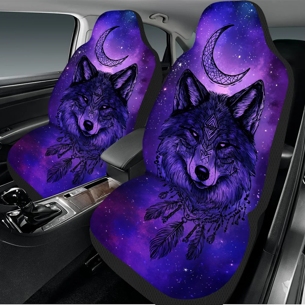 2pcs Mystical Cosmic Wolf Themed Seat Cover Set – Fit, High-Quality Full Set Of Front Seat Protectors, Durable And Stylish Des