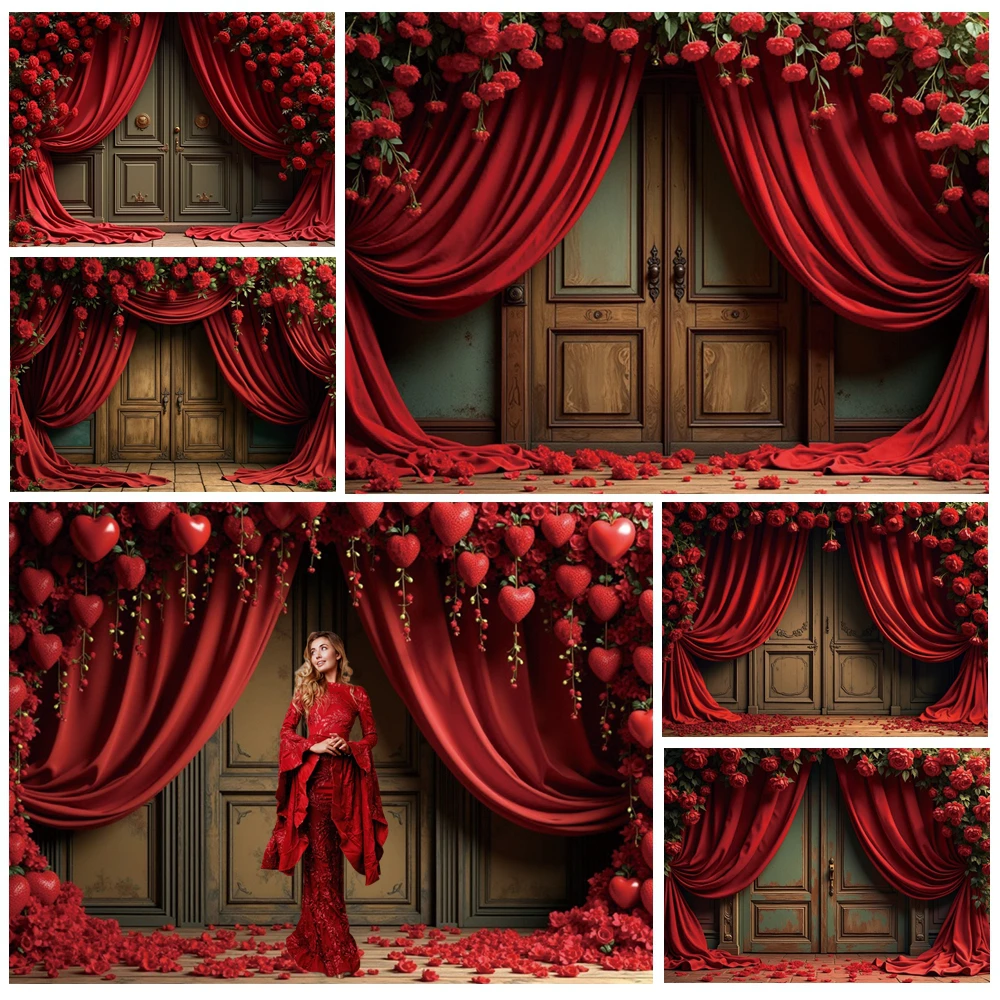 

MOON.QG Valentine's Day Vintage Door Backgrounds For Photographs Garlands Curtains Heart Backdrop Girl Poster Wedding Photobooth