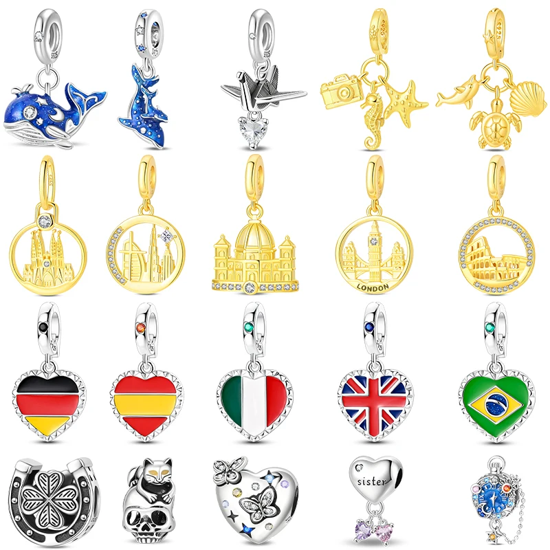 925 Sterling Silver Travel New York Dubai National Flag Whale Charms Pendants For Women Fit Original Bracelet DIY Jewelry Gifts